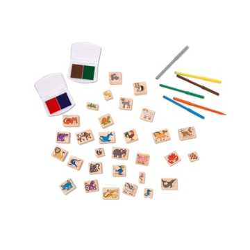 Melissa & Doug Deluxe Wooden Stamp Set: Animals - 30 Stamps, 6 Markers, 2 Stamp Pads - Kids Art Projects, With Washable Ink, Wooden Animal Stamps For Ages 4+