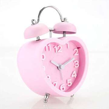 Danse Jupe 3" Twin Bell Loud Alarm Clock Heart Shaped Backlight Analog Non Ticking Desk Clock Battery Operated