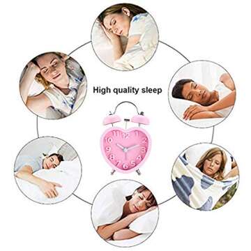 Danse Jupe 3" Twin Bell Loud Alarm Clock Heart Shaped Backlight Analog Non Ticking Desk Clock Battery Operated