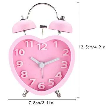 Danse Jupe 3" Twin Bell Loud Alarm Clock Heart Shaped Backlight Analog Non Ticking Desk Clock Battery Operated