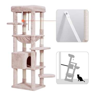Heybly Cat Tree for Large Cats 20 lbs Heavy Duty,60 inches XXL Cat Tower for Indoor Cats,Multi-Level Cat Furniture Condo for Cats with Big Padded Plush Perch,Cozy Basket HCT050MU