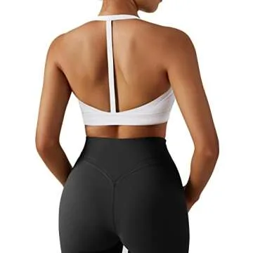 RXRXCOCO Women Padded Open Back Sports Bra Spaghetti Strap Racerback Low Impact Workout Yoga Bra Cropped Tank Tops(White-1,L)