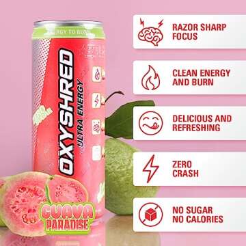 EHP Labs OxyShred Healthy Energy Drink - Sugar Free Energy Drinks with Amino Acids, Green Tea Extract, Vitamin C & L Carnitine - Carb Free, Calorie Free, Natural Caffeine - Guava Paradise (12-Pack)