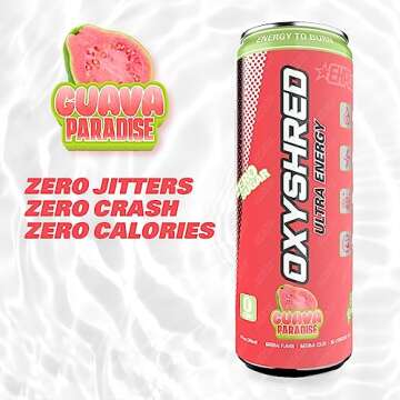 EHP Labs OxyShred Healthy Energy Drink - Sugar Free Energy Drinks with Amino Acids, Green Tea Extract, Vitamin C & L Carnitine - Carb Free, Calorie Free, Natural Caffeine - Guava Paradise (12-Pack)