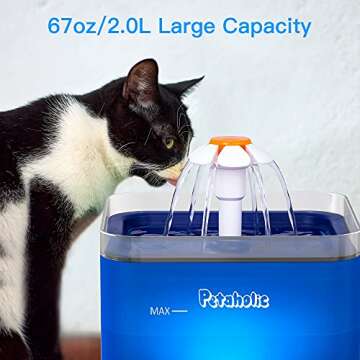 Petaholic Cat Water Fountain, 67oz/2.0L Pet Water Fountain, Automatic Cat Fountain Water Bowl Dog Water Fountain with 2 Upgrade Filters and Led Light