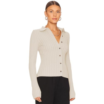 ZAFUL Women's V Neck Button Down Ribbed Sweater Cardigan Long Sleeve Polo Collar Slim Knitted Pullover