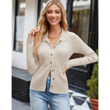 ZAFUL Women's V Neck Button Down Ribbed Sweater Cardigan Long Sleeve Polo Collar Slim Knitted Pullover