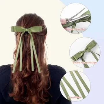 Ehaler Satin Hair Accessories - 8 PCS Double Black & White Ribbon Ponytail Holders, Metal Clips for Women, Girls, Toddlers, Teens, Kids