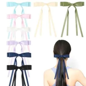 Ehaler Satin Hair Accessories - 8 PCS Double Black & White Ribbon Ponytail Holders, Metal Clips for Women, Girls, Toddlers, Teens, Kids