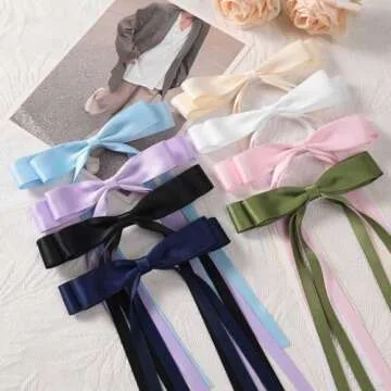 Ehaler Satin Hair Accessories - 8 PCS Double Black & White Ribbon Ponytail Holders, Metal Clips for Women, Girls, Toddlers, Teens, Kids