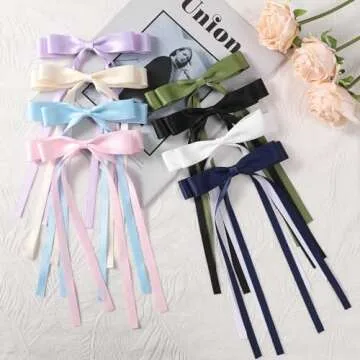 Ehaler Satin Hair Accessories - 8 PCS Double Black & White Ribbon Ponytail Holders, Metal Clips for Women, Girls, Toddlers, Teens, Kids