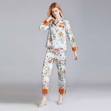 Belle Heure Women’s Silk Satin Classic Long Sleeve Pajamas Button Down Silky Floral Animals Patter...