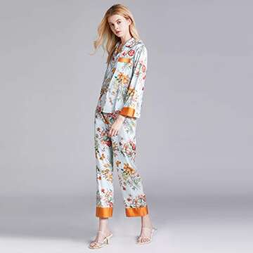 Belle Heure Women’s Silk Satin Classic Long Sleeve Pajamas Button Down Silky Floral Animals Pattern Set Loungewear Sleepwear