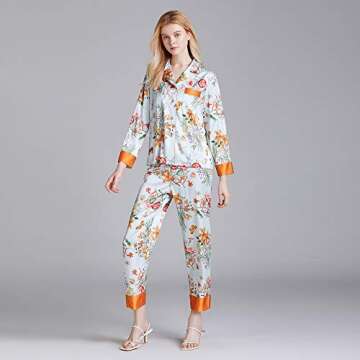 Belle Heure Women’s Silk Satin Classic Long Sleeve Pajamas Button Down Silky Floral Animals Pattern Set Loungewear Sleepwear