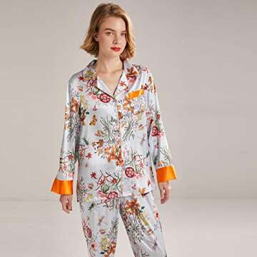 Belle Heure Women’s Silk Satin Classic Long Sleeve Pajamas Button Down Silky Floral Animals Pattern Set Loungewear Sleepwear
