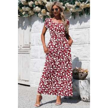 AUSELILY Women's Maxi Dresses with Pockets Petal Short Sleeve Square Neck Casual Long Dress 2025 Red Flowers 2XL