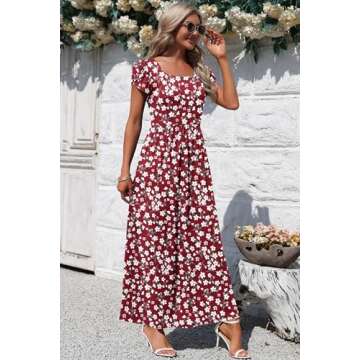 AUSELILY Women's Maxi Dresses with Pockets Petal Short Sleeve Square Neck Casual Long Dress 2025 Red Flowers 2XL