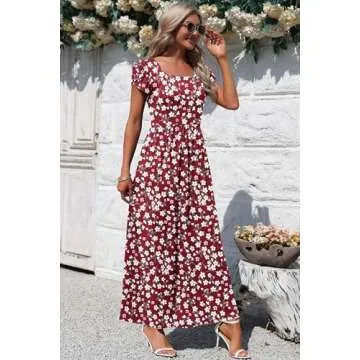 AUSELILY Women's Maxi Dresses with Pockets Petal Short Sleeve Square Neck Casual Long Dress 2025 Red Flowers 2XL