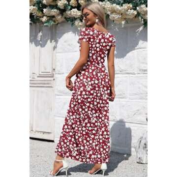 AUSELILY Women's Maxi Dresses with Pockets Petal Short Sleeve Square Neck Casual Long Dress 2025 Red Flowers 2XL