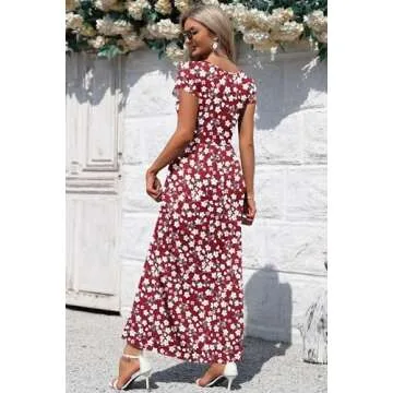 AUSELILY Women's Maxi Dresses with Pockets Petal Short Sleeve Square Neck Casual Long Dress 2025 Red Flowers 2XL