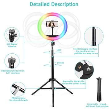 10'' RGB Selfie Ring Light with Stand and Phone Holder,Dimmable LED Ringlight with 59" Extendable Tripod Stand & Remote for iPhone/Android,Light Ring for Makeup/TikTok/Photography/Video Recording