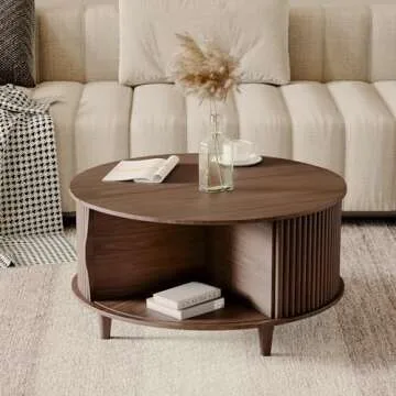 JOINICE,Round Coffee Table with Storage,Mid Century Modern Dining Table with Sliding Cabinet Door for Living Room,Home Small Space,31.5" Small Center Table,Walnut