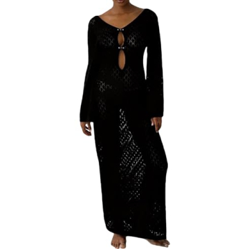 Women See Through Knit Long Dress Long Sleeve Crochet Maxi Bodycon Dress Backless Beach Bikini Cover...