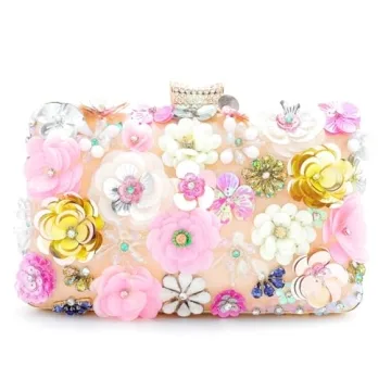 Yokawe Women's Evening Bag Flower Party Prom Clutch Purse Floral Beidal Wedding Handbag (Champagne)