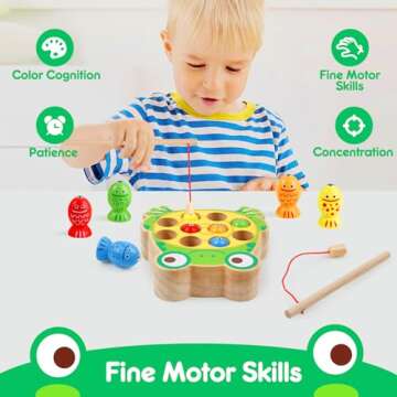 Magnetic Wooden Fishing Game Toys for Toddlers,Wooden Frog Magnets Fishing Toys Color Sorting Puzzle...
