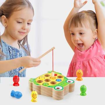 Magnetic Wooden Fishing Game Toys for Toddlers,Wooden Frog Magnets Fishing Toys Color Sorting Puzzle Montessori Preschool Educational Learning Fine Motor Skills Toys for 3 4 5 Years Old Boys Girls