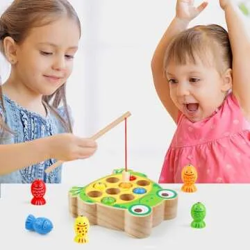 Magnetic Wooden Fishing Game Toys for Toddlers,Wooden Frog Magnets Fishing Toys Color Sorting Puzzle Montessori Preschool Educational Learning Fine Motor Skills Toys for 3 4 5 Years Old Boys Girls