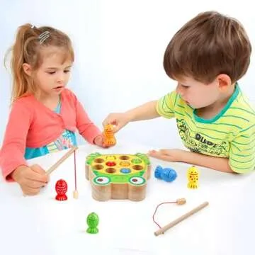 Magnetic Wooden Fishing Game Toys for Toddlers,Wooden Frog Magnets Fishing Toys Color Sorting Puzzle Montessori Preschool Educational Learning Fine Motor Skills Toys for 3 4 5 Years Old Boys Girls