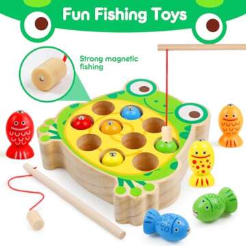 Magnetic Wooden Fishing Game Toys for Toddlers,Wooden Frog Magnets Fishing Toys Color Sorting Puzzle Montessori Preschool Educational Learning Fine Motor Skills Toys for 3 4 5 Years Old Boys Girls