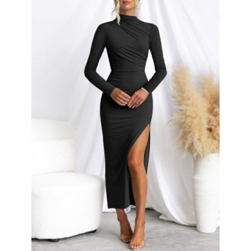 MIROL Women's Bodycon Maxi Dress Mock Neck Side Slit