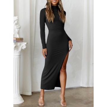 MIROL Women's Bodycon Maxi Dress Mock Neck Side Slit