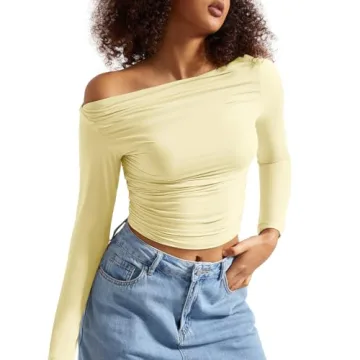 SUUKSESS Women Off Shoulder Long Sleeve Shirts Double Lined Fitted Crop Tops Y2K Tight T Shirts (But...