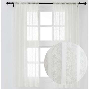 H.ebony Ivory Floral Lace Sheer Curtains Window Drapes for Bedroom, Rod Pocket Retro Style Vintage B...