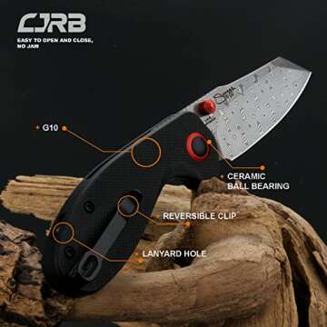 CJRB Maileah pocket knife, folding knife with 2.39'' Damascus Steel Blade, Black G10 Handle EDC Knife for Men Outdoor Survival Camping Limited Edition (J1918D)