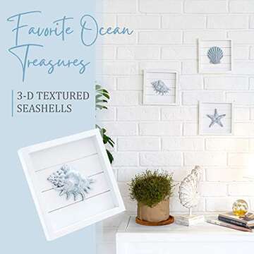 TideAndTales Blue Seashells and Starfish (Framed Set of 3) Coastal 3D Wall Art, Beach Wall Decor for...