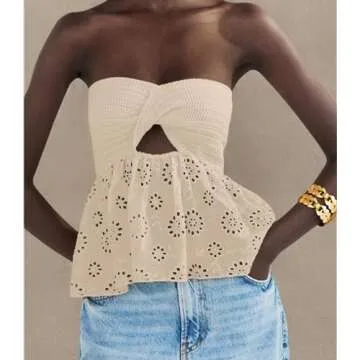 MISSACTIVER Women Twist Knot Knit Bandeau Tube Top Embroidery Strapless Off Shoulder Backless Hollow...