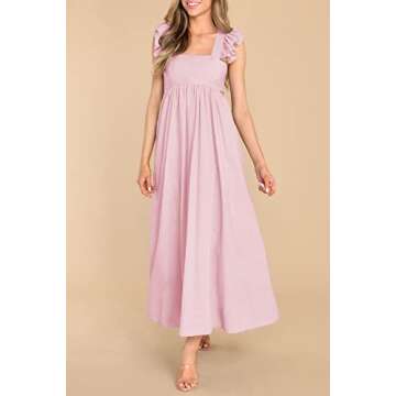 MITILLY Women's Summer Flutter Sleeve Square Neck Tie Back Casual Pleated A-Line Flowy Maxi Dress wi...