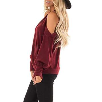 Yingkis Women's Cold Shoulder Tops Long Sleeve Deep V-Neck Wrap Front Blouse Loose Pullover,Wine red L