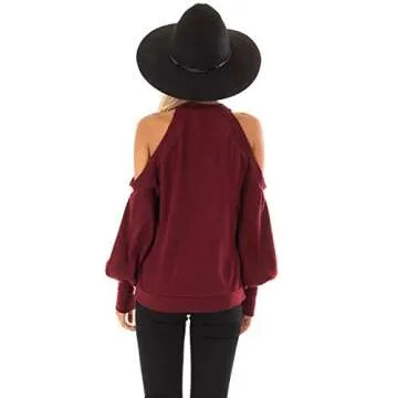 Yingkis Women's Cold Shoulder Tops Long Sleeve Deep V-Neck Wrap Front Blouse Loose Pullover,Wine red L