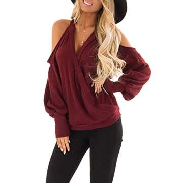 Yingkis Women's Cold Shoulder Tops Long Sleeve Deep V-Neck Wrap Front Blouse Loose Pullover,Wine red L