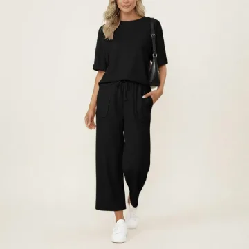 Yeokou Women's 2-Piece Wide Leg Lounge Set Comfortable and Chic Crop Top with Wide Leg Pants