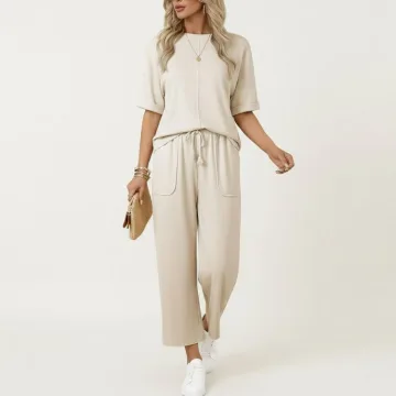 Yeokou Women's 2-Piece Wide Leg Lounge Set Comfortable and Chic Crop Top with Wide Leg Pants