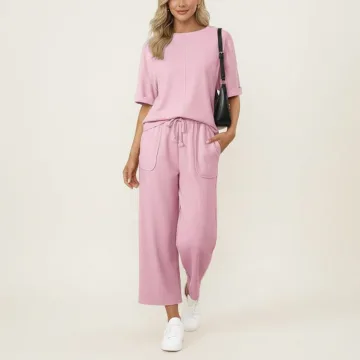 Yeokou Women's 2-Piece Wide Leg Lounge Set Comfortable and Chic Crop Top with Wide Leg Pants