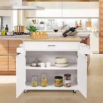 Giantex Kitchen Island, Rolling Kitchen Cart with Spice and Towel Rack, Large Drawer & 2-Door Storage Cabinet, Home Service Cart on Lockable Wheels, Wood Kitchen Trolley, Spacious Tabletop (White)
