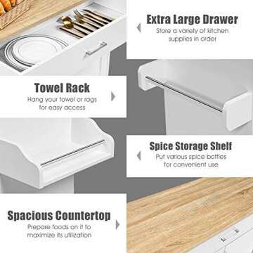 Giantex Kitchen Island, Rolling Kitchen Cart with Spice and Towel Rack, Large Drawer & 2-Door Storage Cabinet, Home Service Cart on Lockable Wheels, Wood Kitchen Trolley, Spacious Tabletop (White)