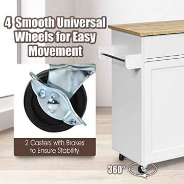 Giantex Kitchen Island, Rolling Kitchen Cart with Spice and Towel Rack, Large Drawer & 2-Door Storage Cabinet, Home Service Cart on Lockable Wheels, Wood Kitchen Trolley, Spacious Tabletop (White)